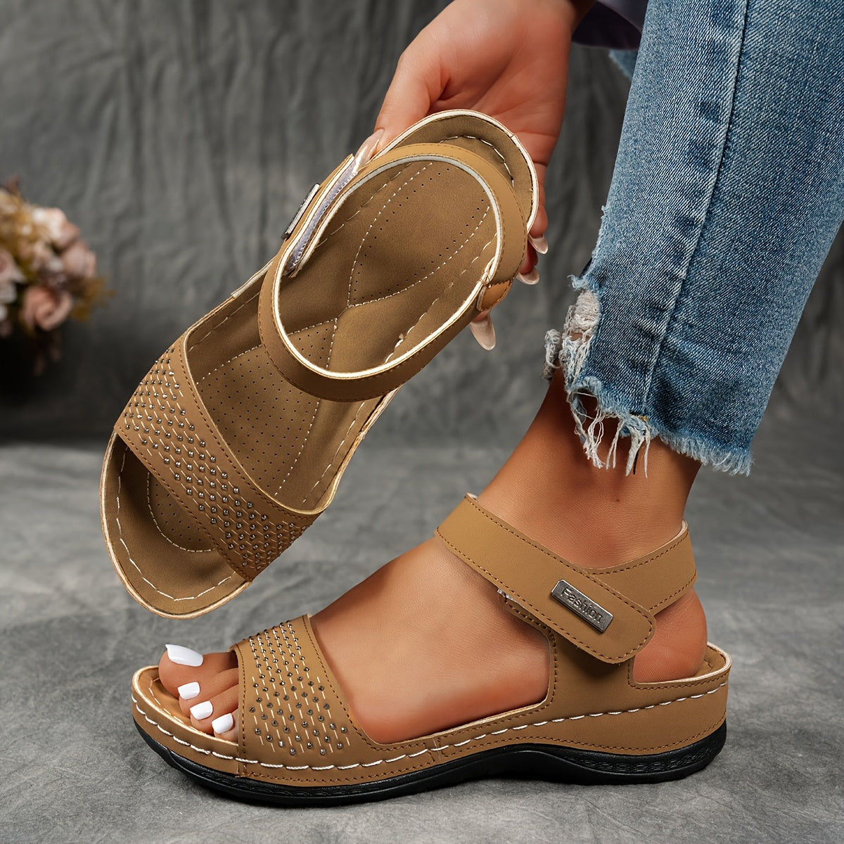 Women's Rhinestone Sandals Open-Toe Chunky Heel Summer Beach Casual