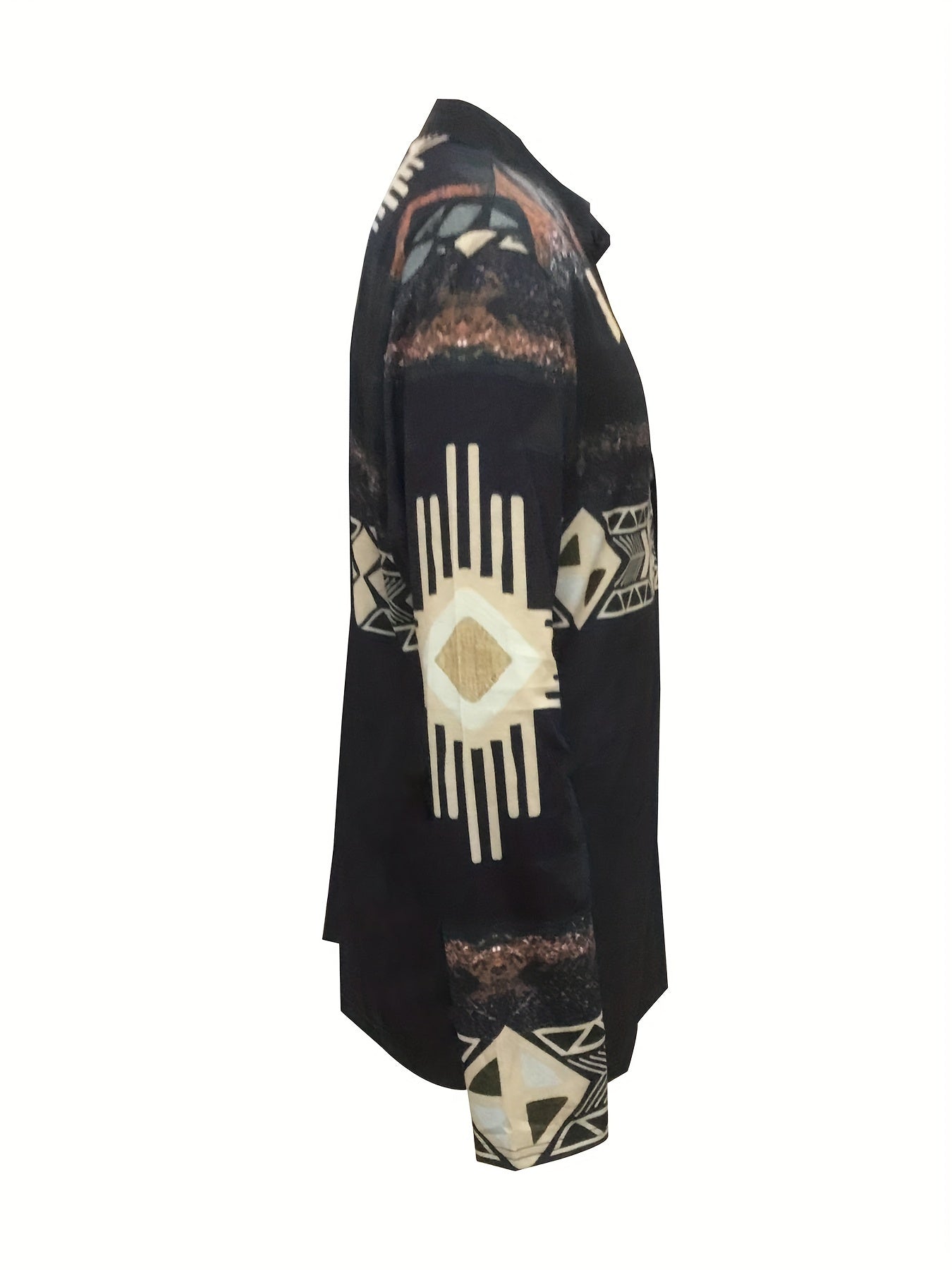 Men's Tribal Pattern Hoodie Made of 100% Polyester Knit Fabric with Lapel Collar and Button Detail