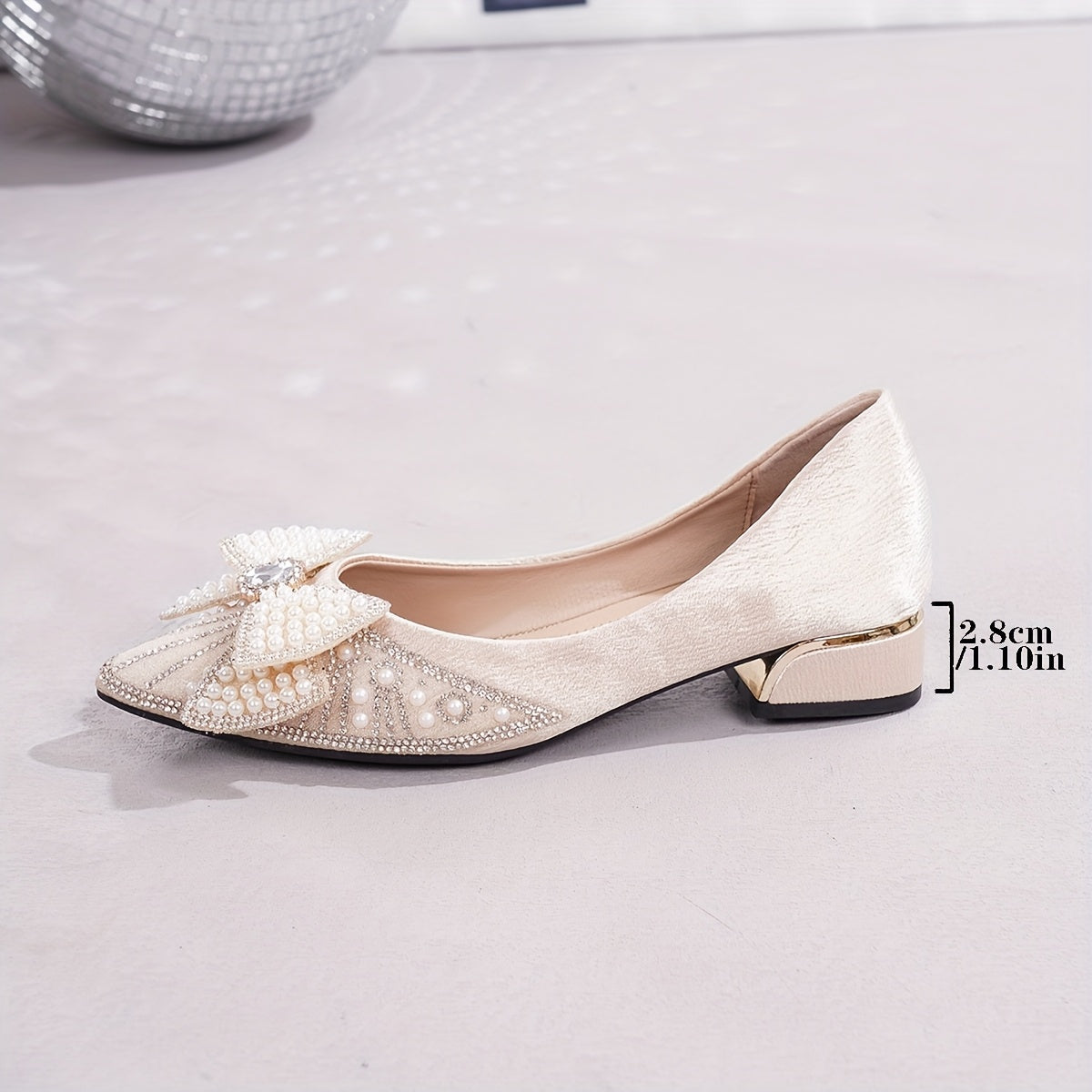 Women's High Heel Mary Jane Shoes with Rhinestone Bow Beige Pointed Toe