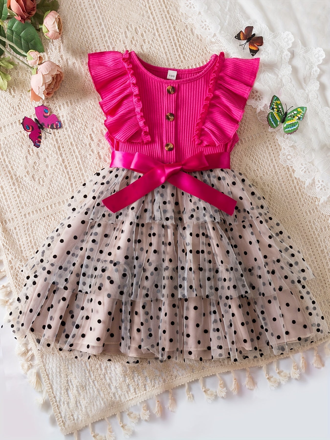 Kids Girls Summer Polka Dot Tulle Princess Dress A-Line Fairy Style Button Accents Non-Stretch Polyester