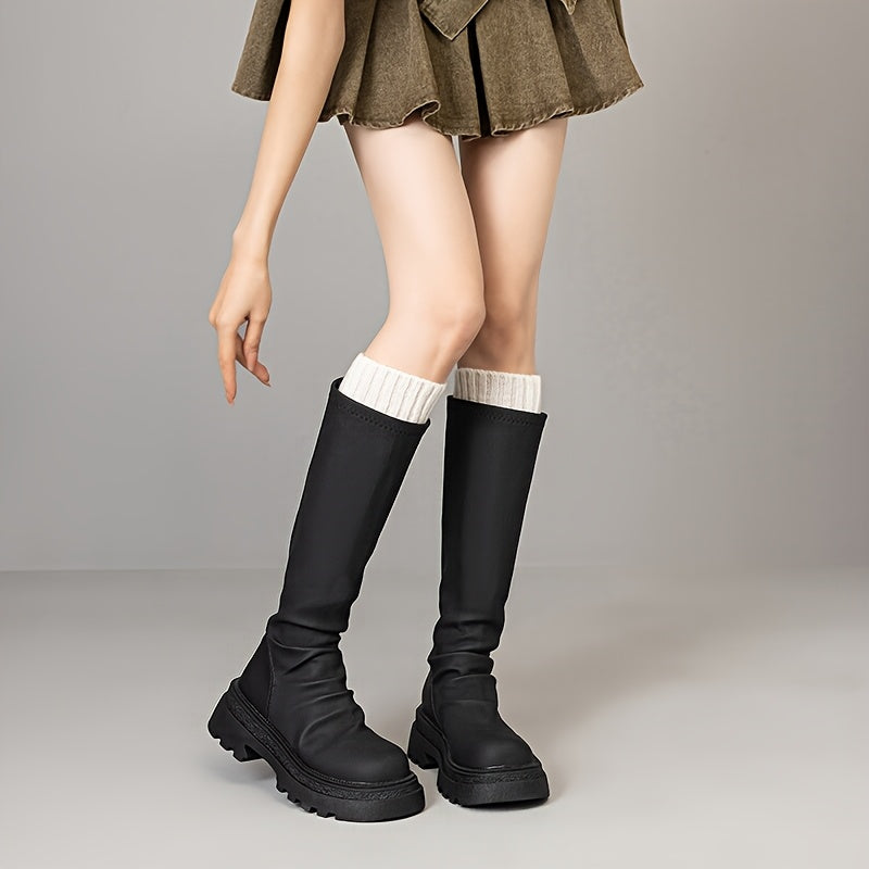 Women’s Chunky Heel Mid-Calf Boots Fabric Lining Zipper Solid Color Fall Winter