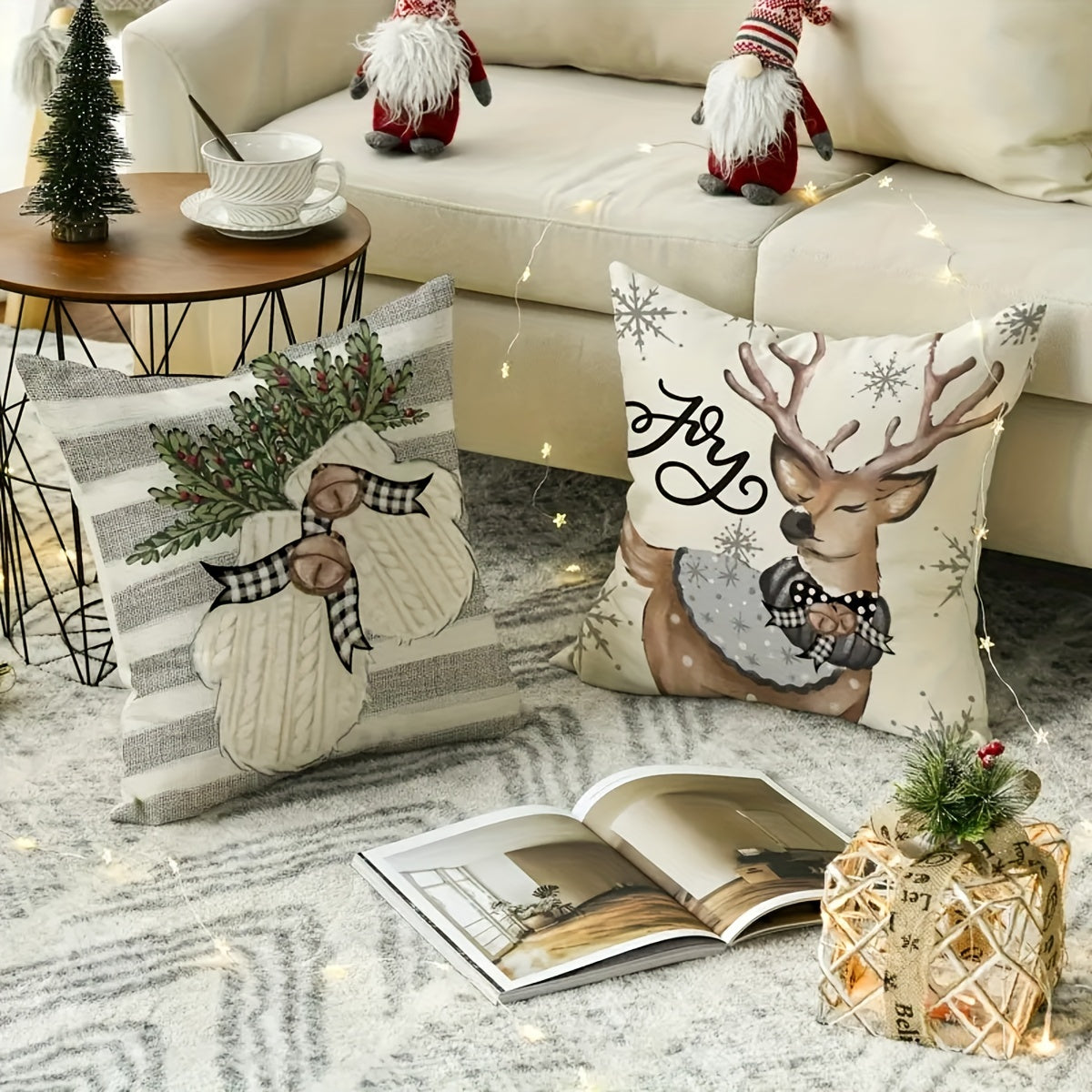 Set of Four Christmas Pillowcases Polyester Fabric 45x45cm Home Decor