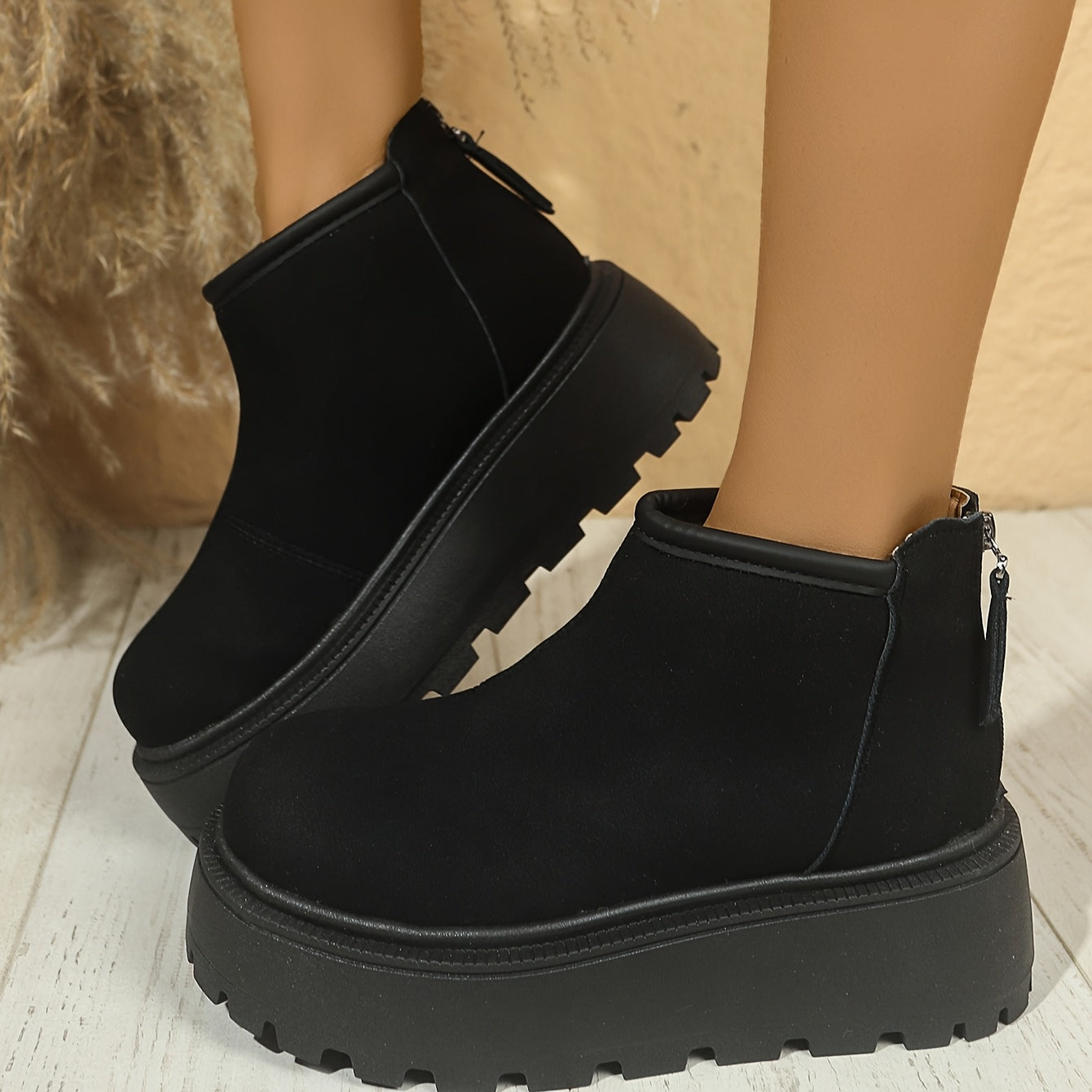 Women's Fleece-Lined Winter Boots Casual Round Toe Side Zipper Beige Black Brown