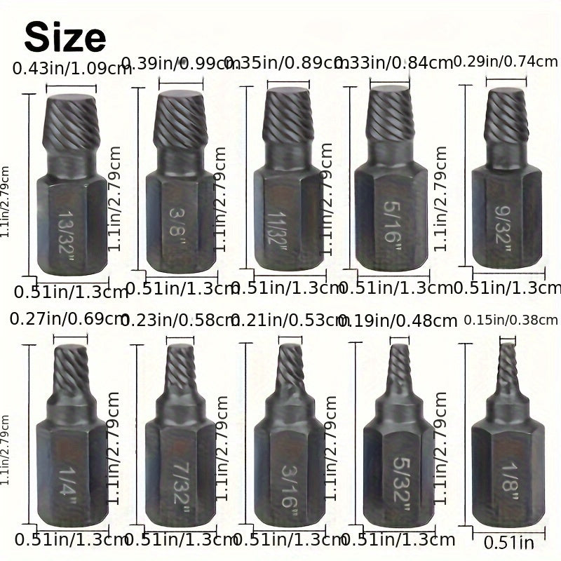 Juego de extractores de tornillos de grado industrial de 10 piezas para pernos y tornillos dañados, acero aleado