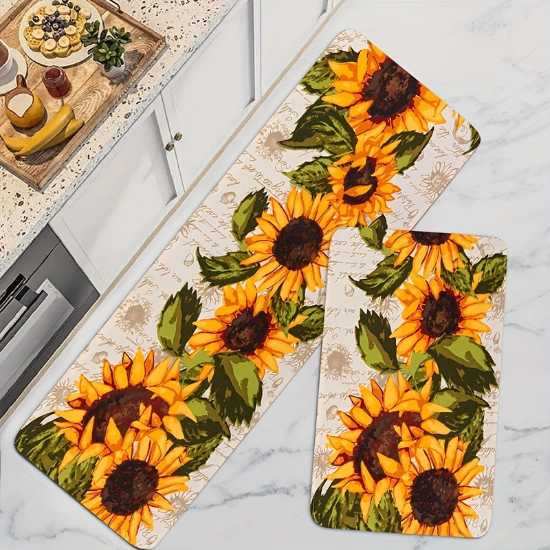 Sunflower Print Kitchen Floor Rug Water-Resistant Machine Washable Entrance Doormat