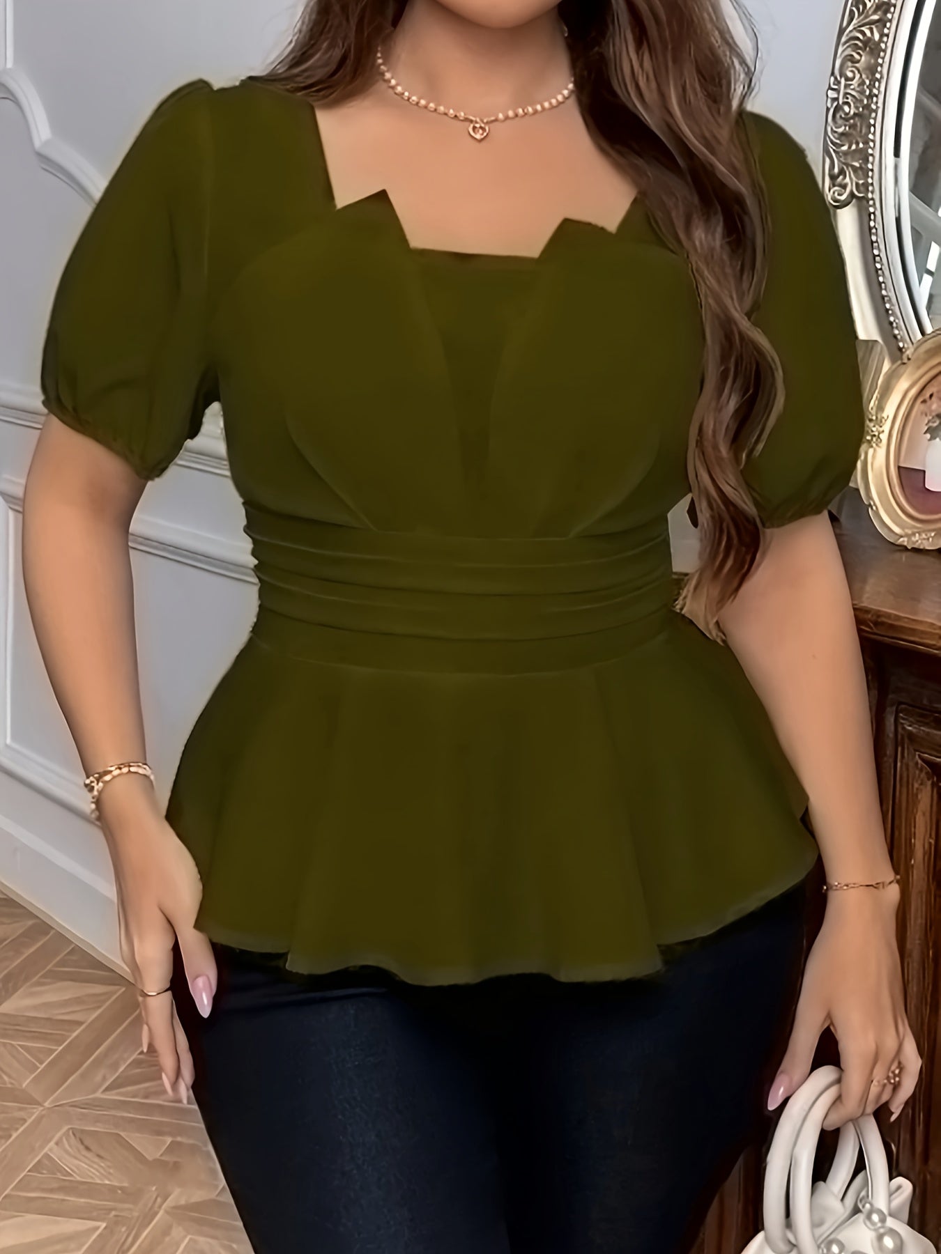 Plus Size Women's Blouse Short Sleeve Square Neck Soft Pink Flowy Top