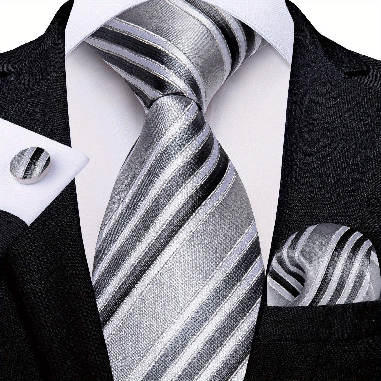 Men's Striped Necktie Set with Handkerchief and Cufflinks for Weddings and Business