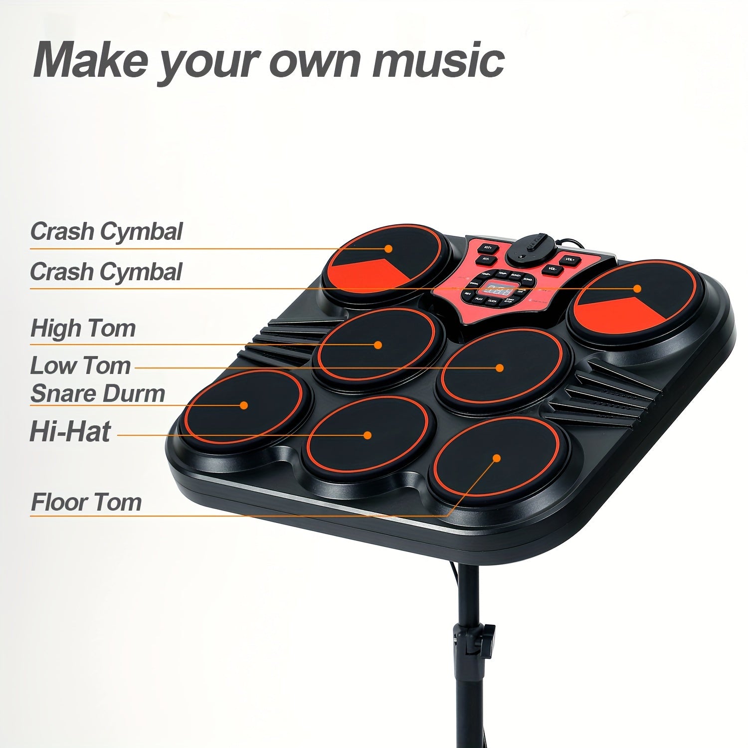 Portable Electronic Drums with Foot Pedal and Drumsticks Black 10H Playback USB Recording