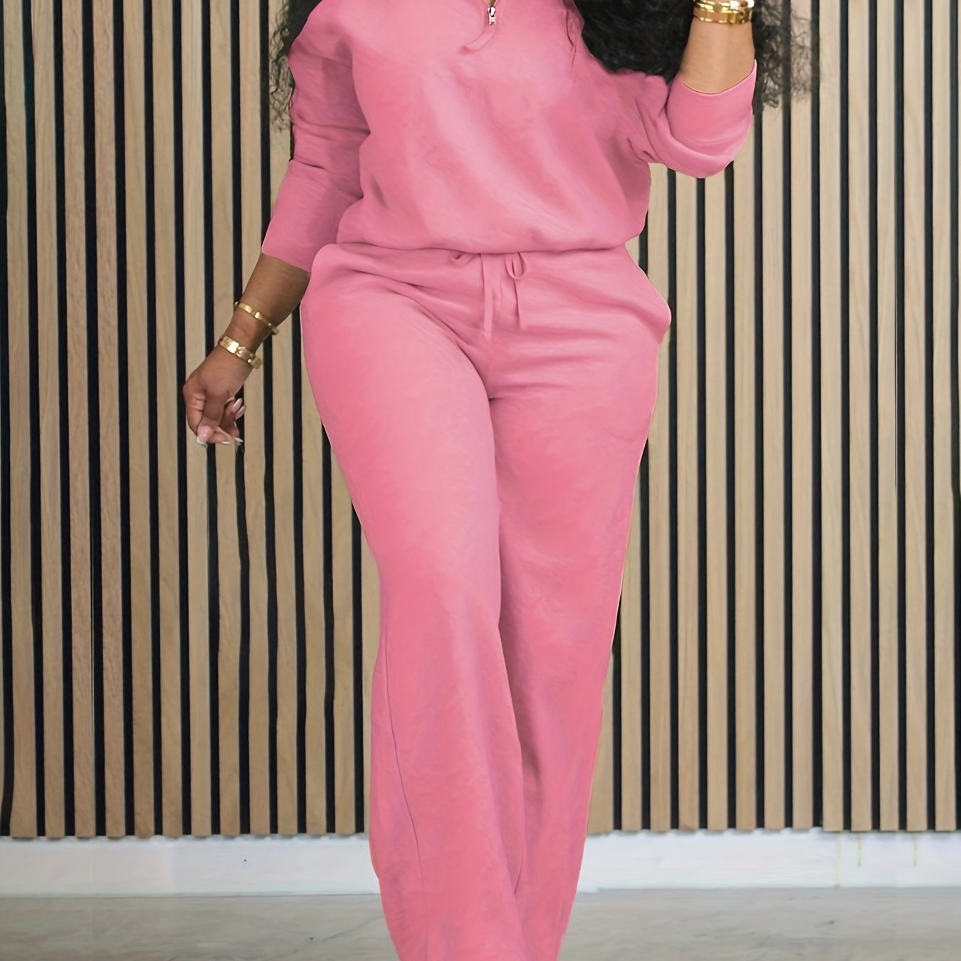 Women's Polyester Elastane Vacation Set Top and Bottom with Zipper and Stand Collar All-Season Casual Outfit