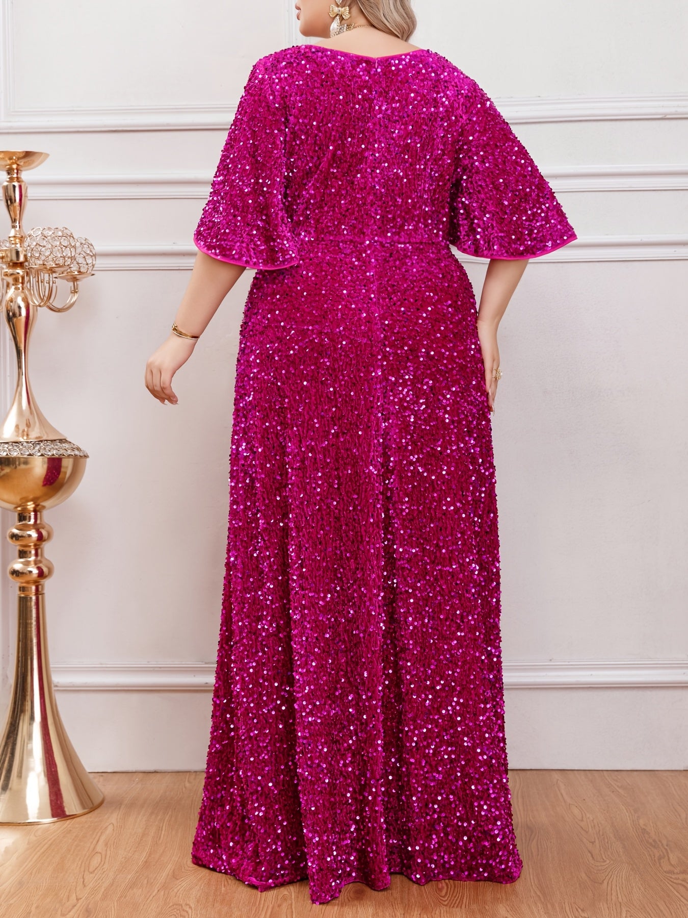 Plus Size Sequin Maxi Dress with Ruffle Sleeves for Weddings and Formal Events