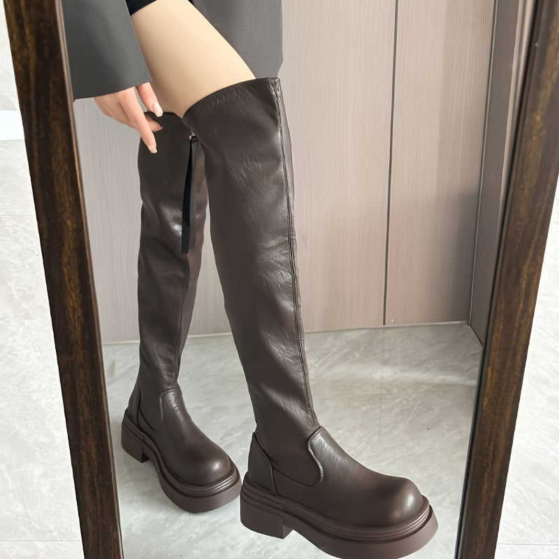 Women's Over-the-Knee Boots Faux Leather Glossy Chunky Heel Black Brown Elegant Winter