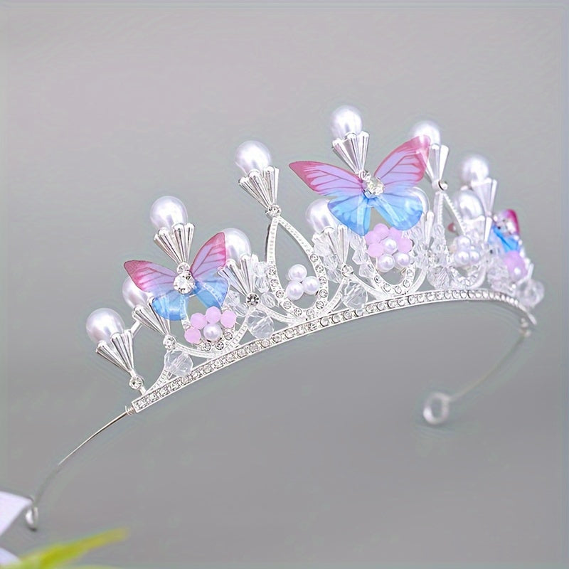 Princess Crown Tiara for Women with Pearls and Butterfly Accents, Alloy Headwear for Birthday