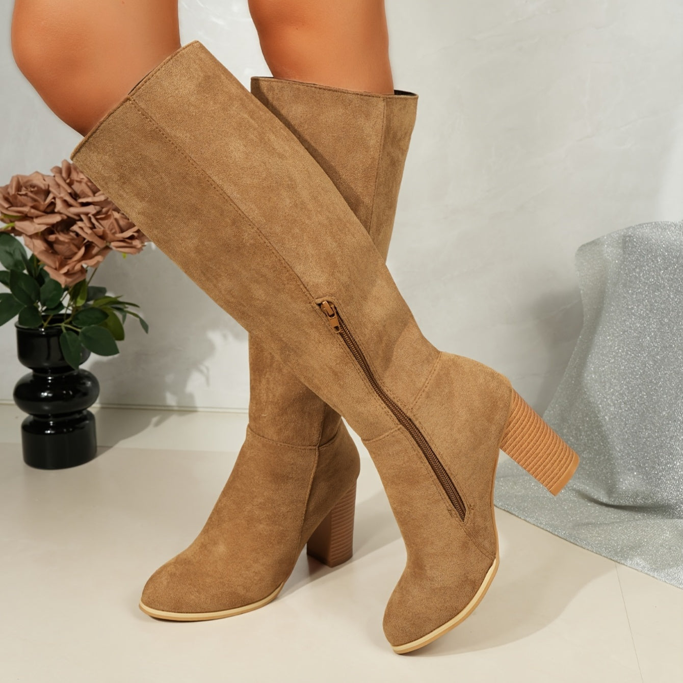 Women's Western Knee-High Cowboy Boots Vintage Embroidered Fringe Metallic Chunky Heel