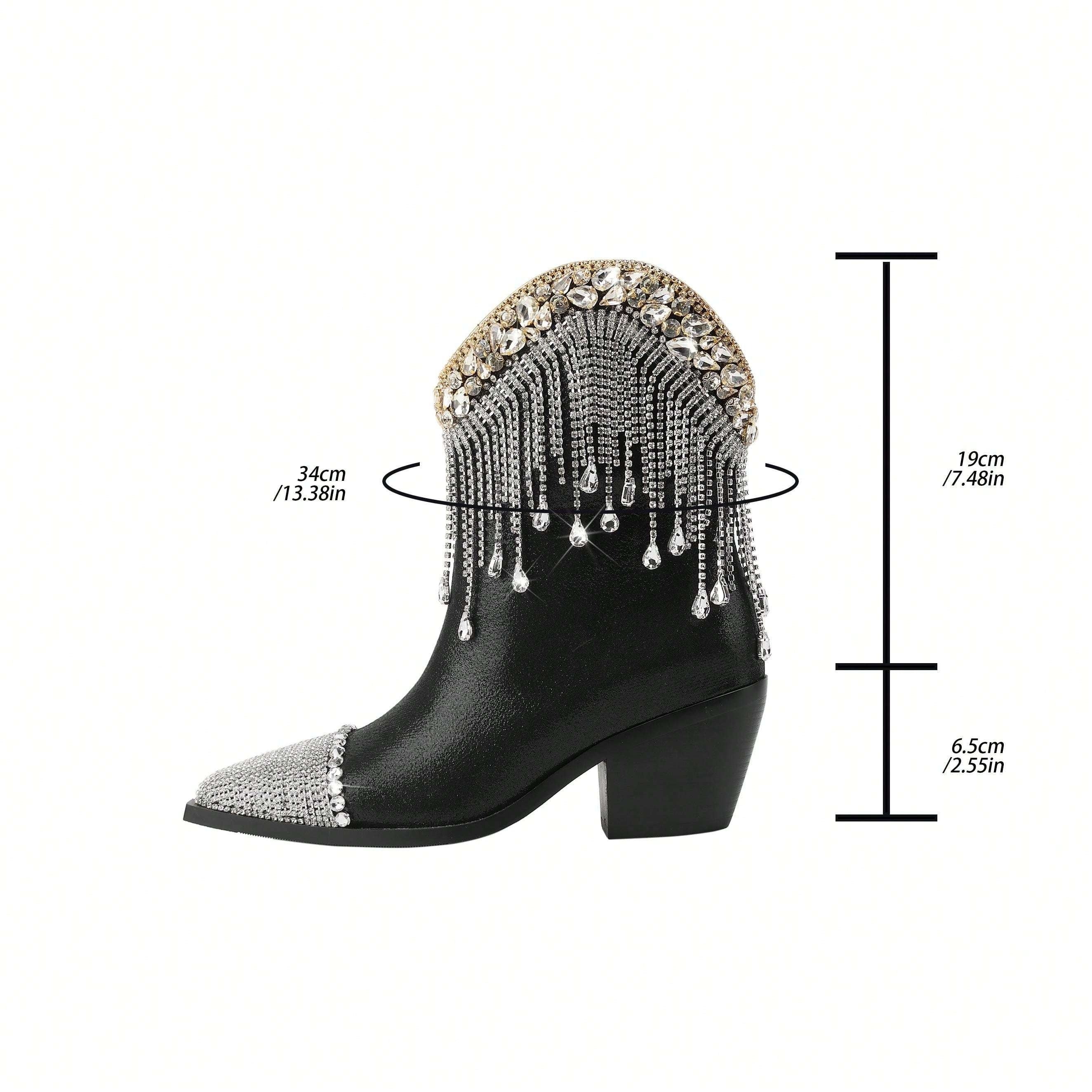Women's Western Ankle Boots Rhinestones Chain Pointed Toe Block Heel