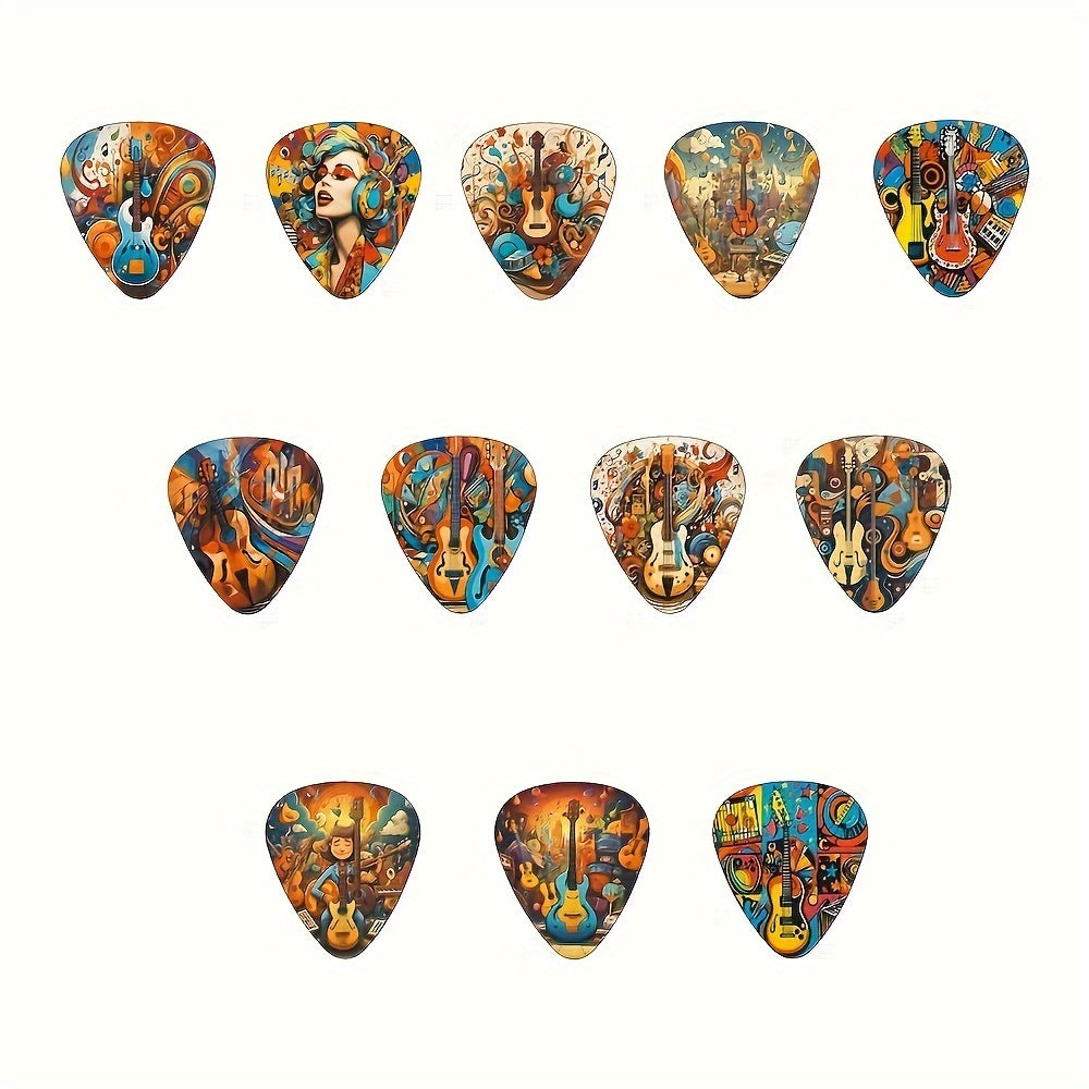 12-Piece Guitar Picks Set with Painted Cartoon Music Theme Designs