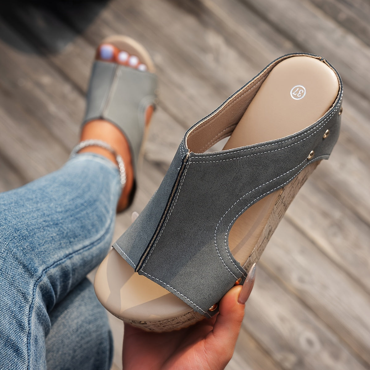 Women's Faux Leather Wedge Sandals Open Toe Slip-On Platform Shoes