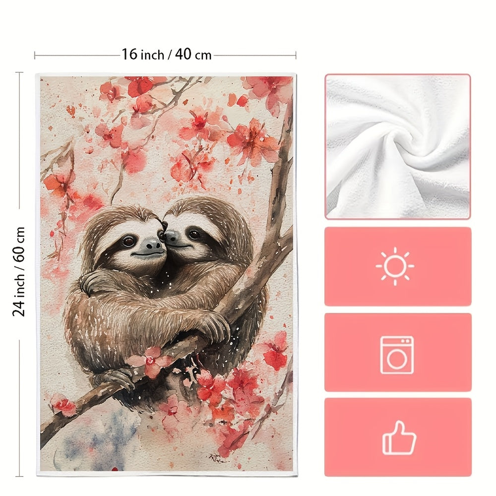 Set of 2 Ultra Plush Kitchen Towels Valentine Sloths Cherry Blossom Greenery 40x60 cm