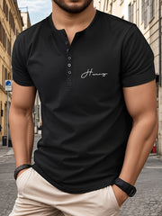 Camiseta Henley de cuello en V atlética para hombre, manga corta, con letras, verano, fitness, casual