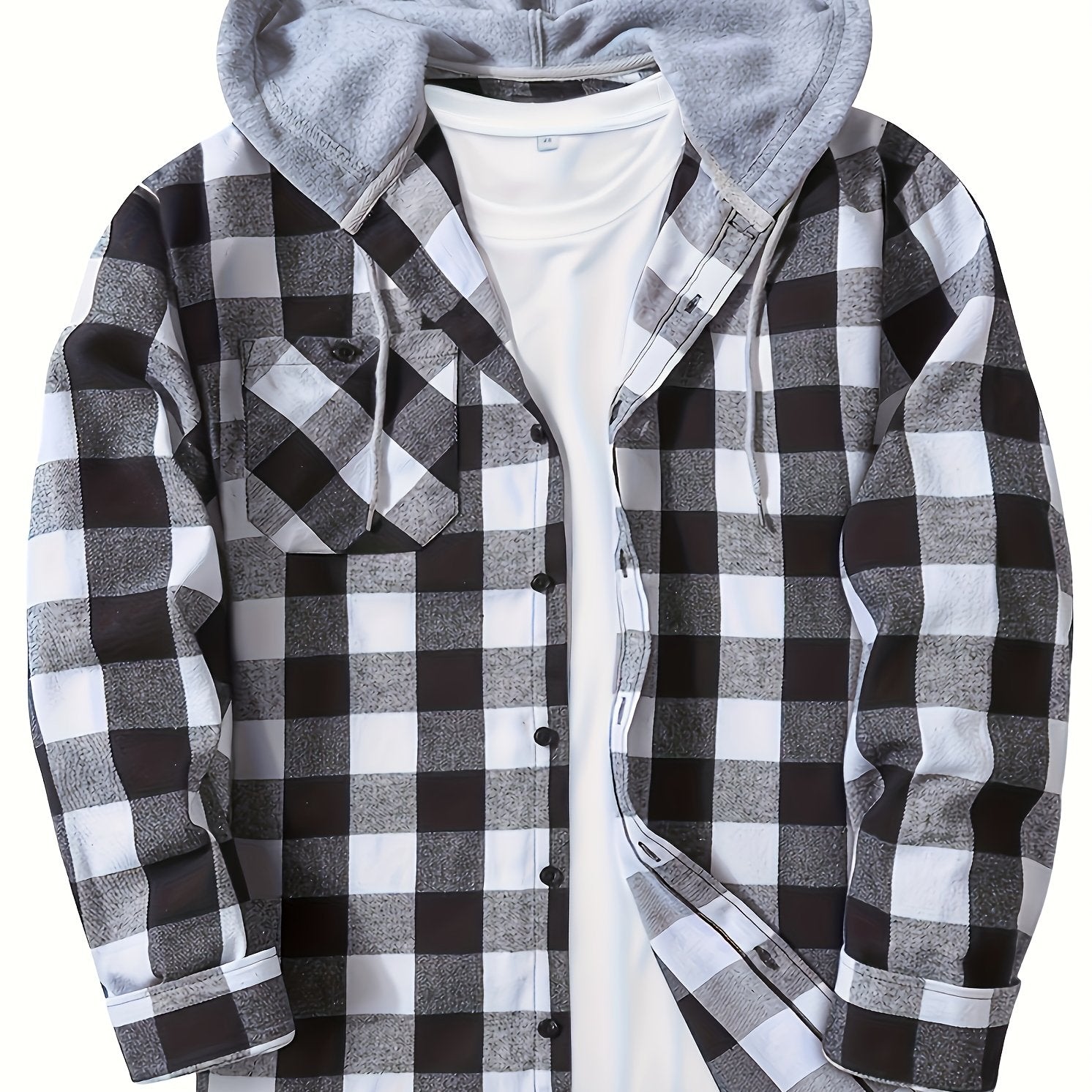 Men's Plaid Hooded Shirt Polyester Blend Casual Spring Fall Loose Fit Button Details