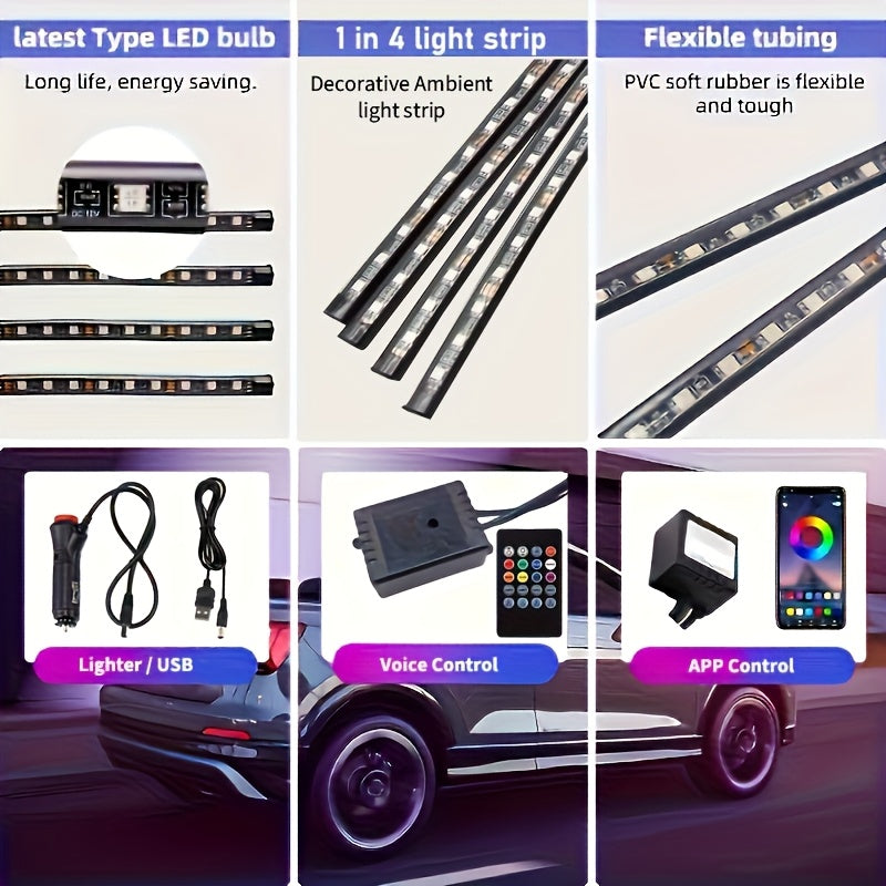 Car Interior LED Light Strip with Music Voice Control App RGB Decorative Lighting