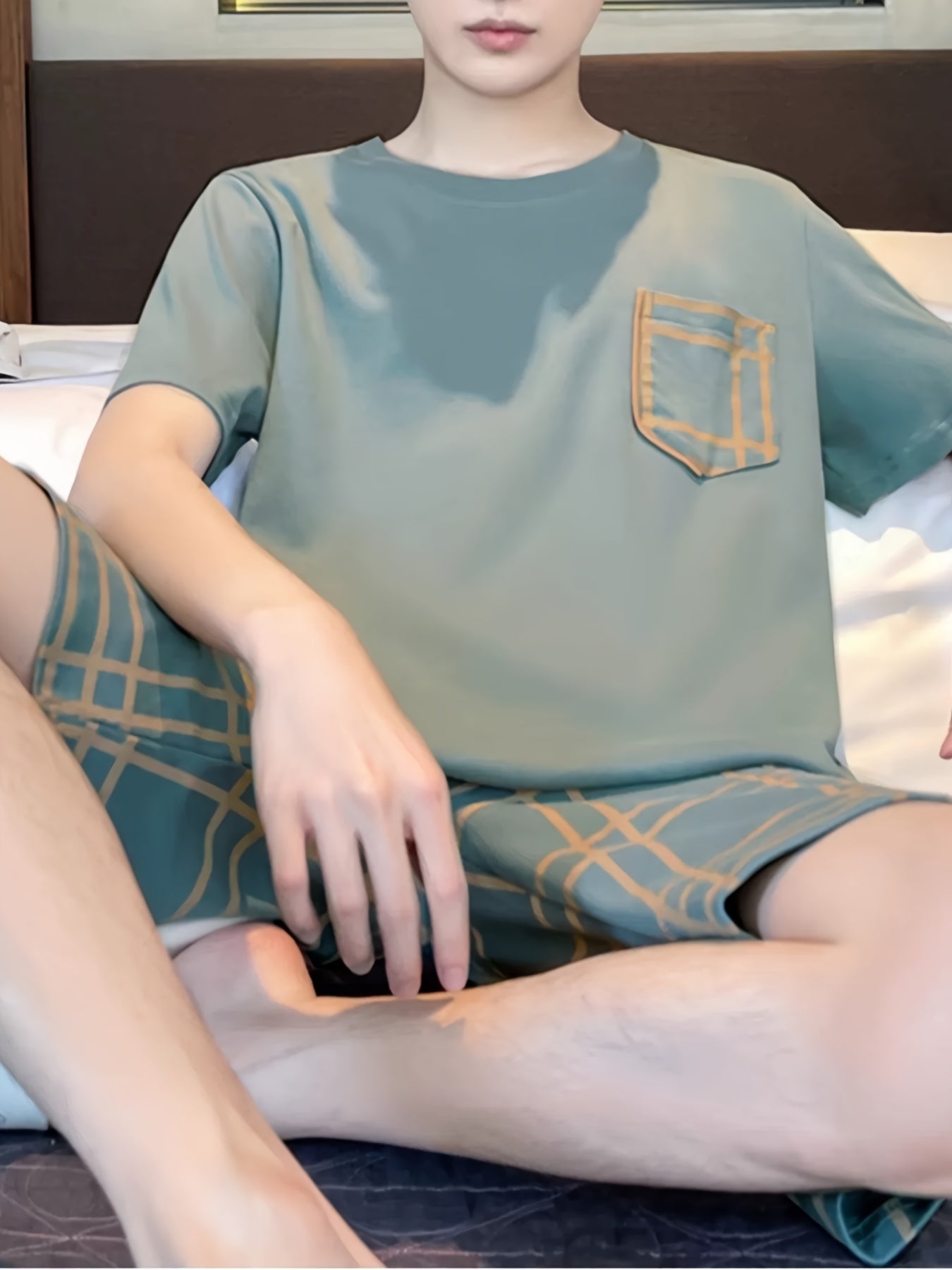 Мужской летний пижамный комплект с зеленой клеткой, короткий рукав, футболка и шорты, удобные и моющиеся в машине