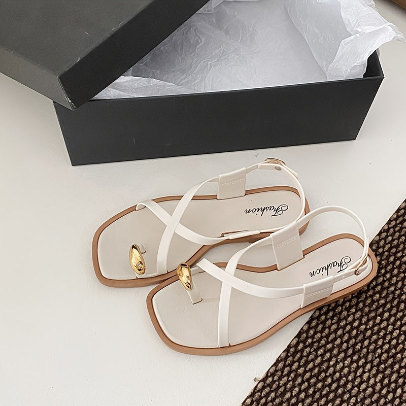 Women's Flat Sandals PVC Adjustable Buckle Beige Black Summer Shoes