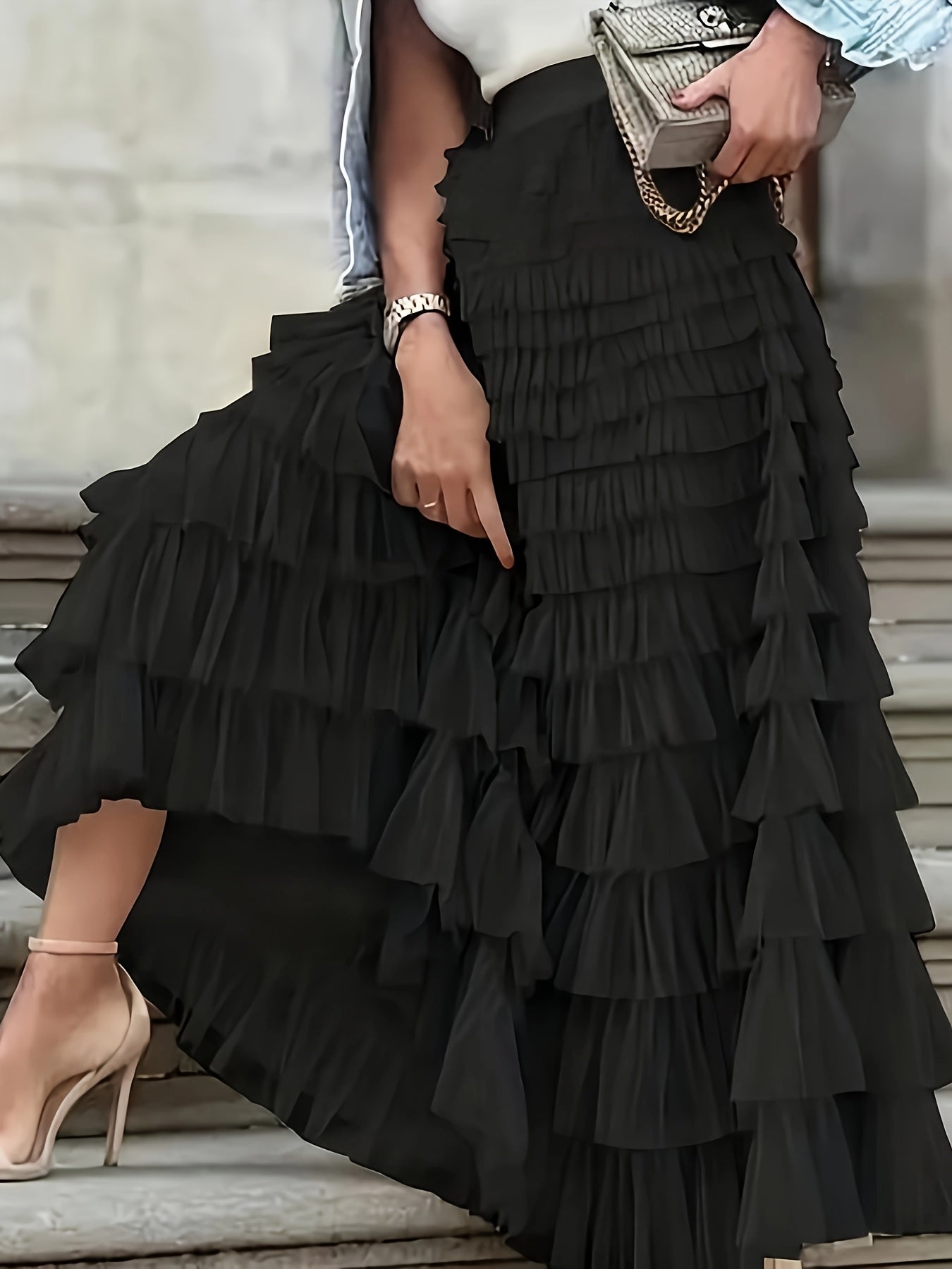 Plus Size Emerald Green Tiered Ruffled Skirt with Sheer Mesh Overlay