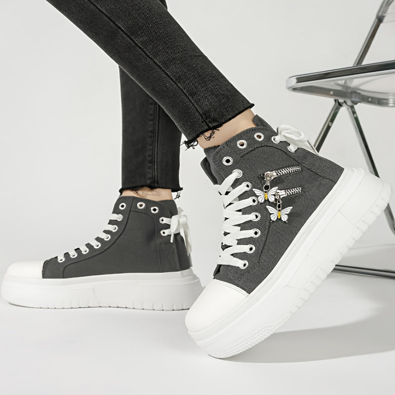 Men's Casual High-Top Sneakers Blue Denim Lace-Up Rubber Sole