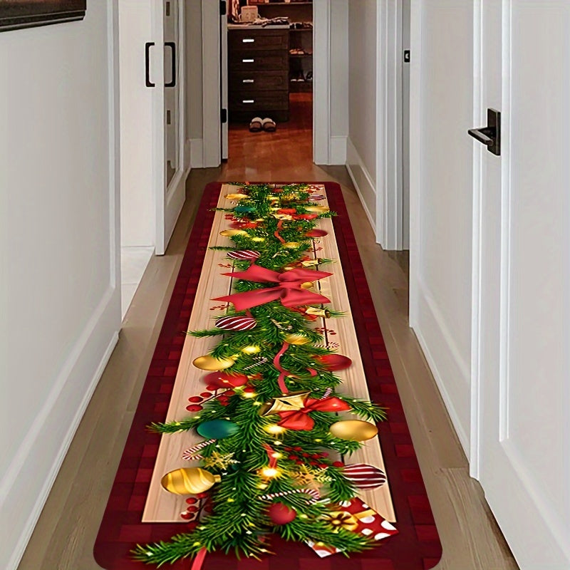 Christmas Runner Rug Festive Tree Ornaments Non-Slip Stain Resistant Hallway Decor