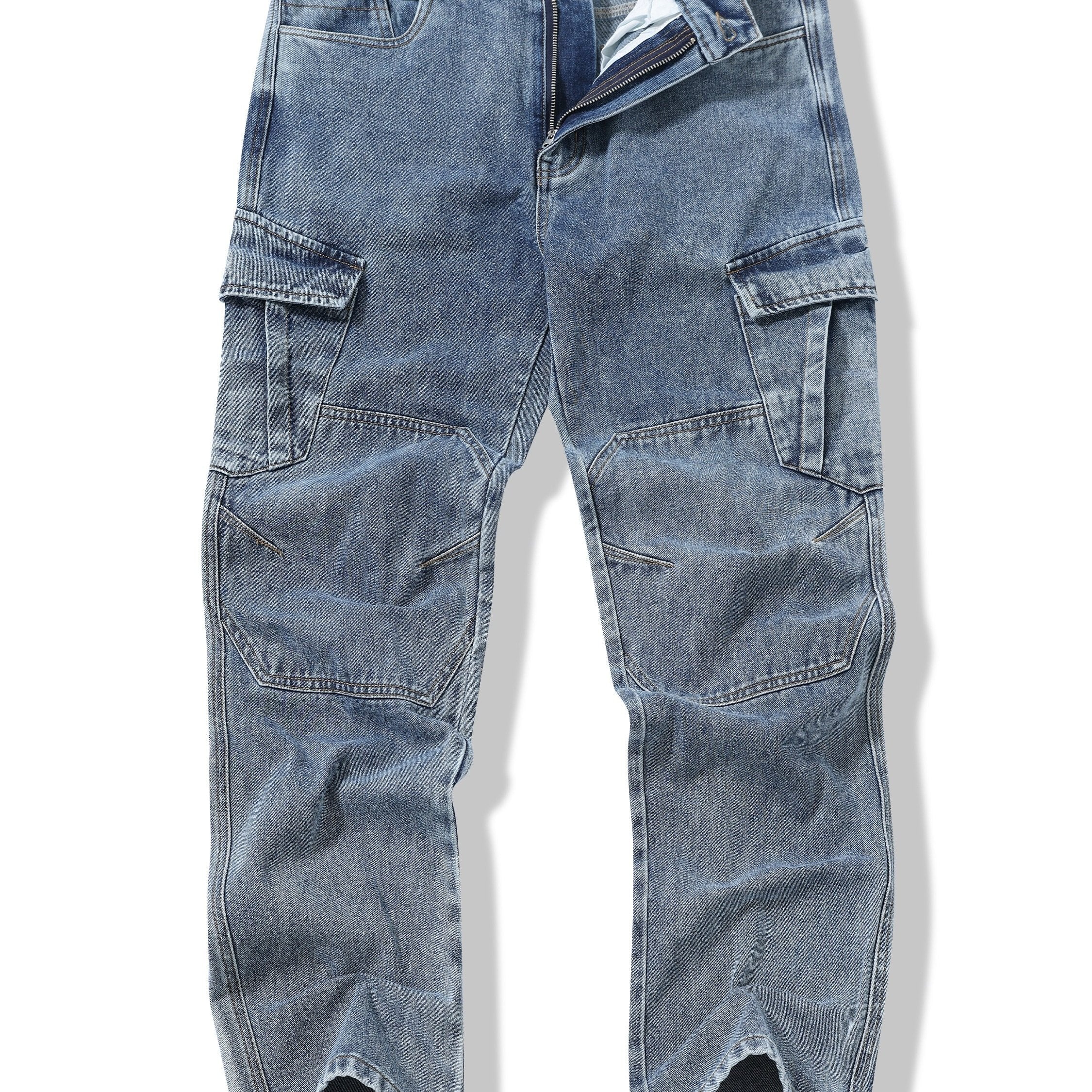 Vintage yuvilgan denim yuk shimlari, keng kesim, o'rta bel elastik bel, ko'p cho'ntakli zip-fly, ko'cha uslubi. Tashqi foydalanish uchun cho'zilmaydigan paxta, polyester, viskoza matosidan tayyorlangan.