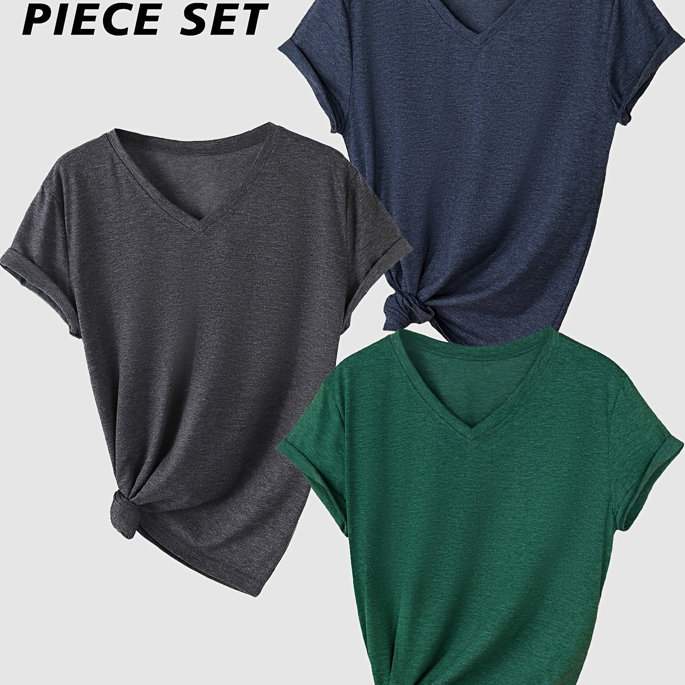 Short Sleeve V-Neck T-Shirt Set for Women Solid Color Rayon Casual Regular Fit