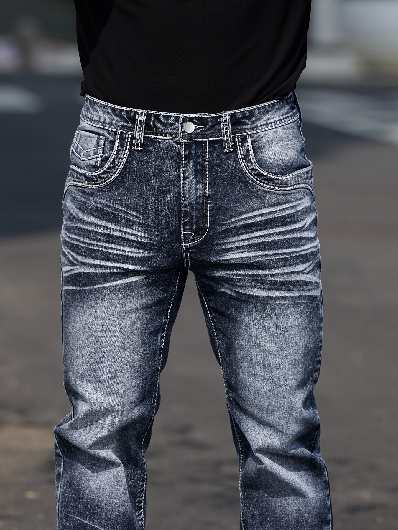 Erkaklar uchun vintage uslubidagi tikuvli elastik jinsilar, parchalar bilan bezatilgan - tor kesim, o'rtacha balandlik, mashinada yuvish mumkin