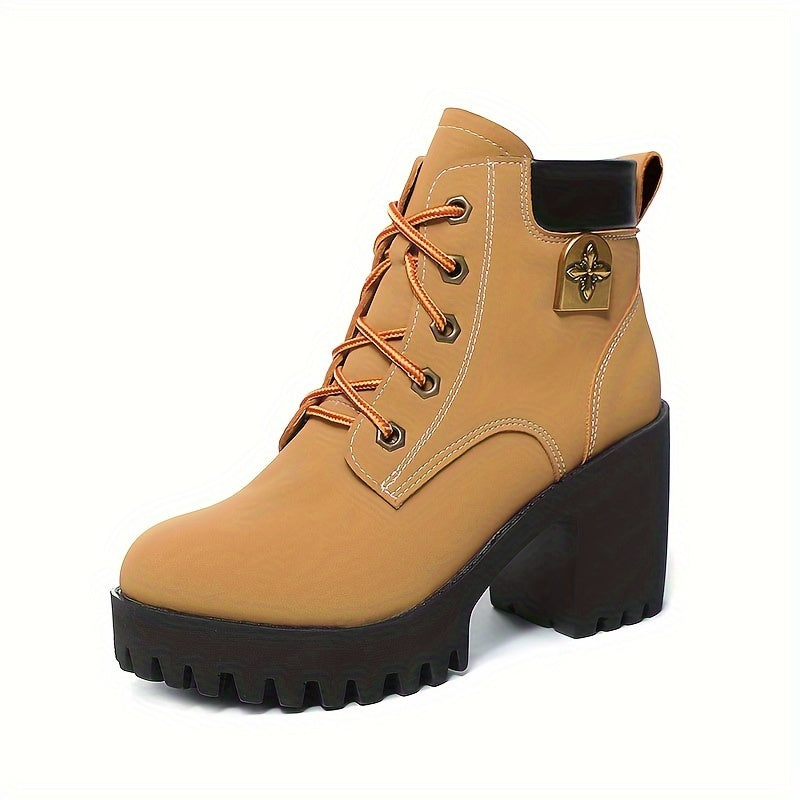 Women's Lace-Up Ankle Boots All-Season Round Toe Block Heel Solid Color