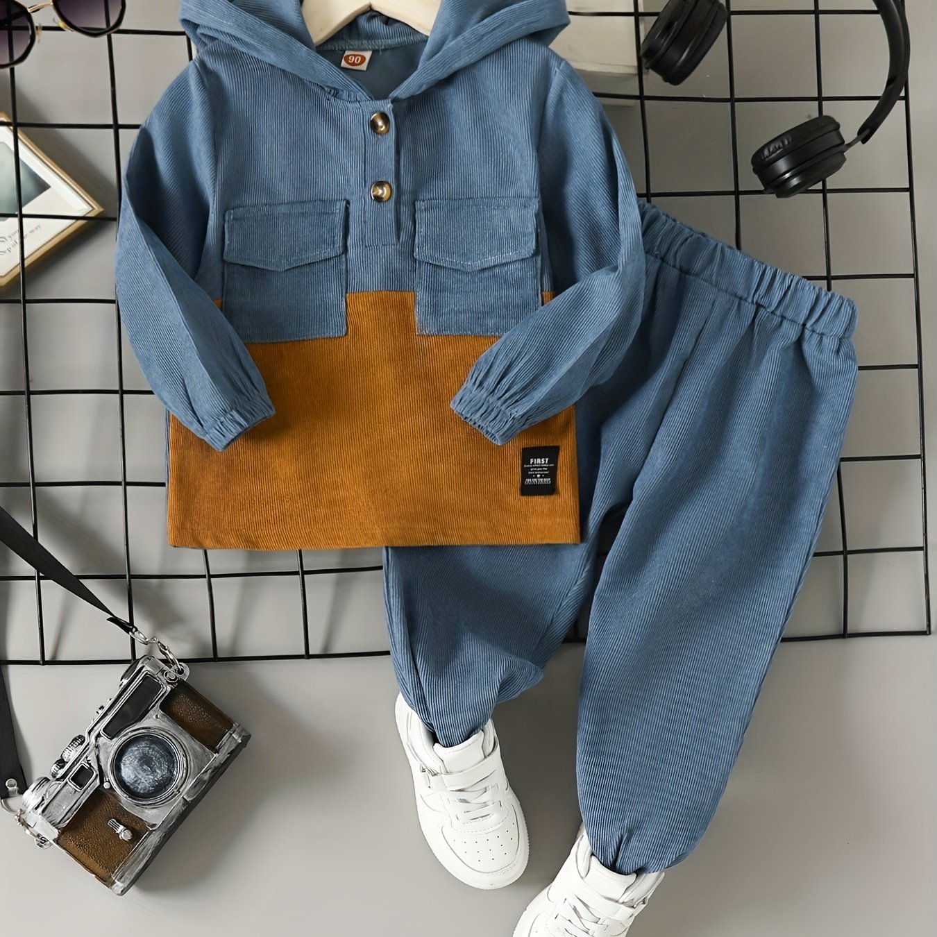 Boys Kids Corduroy Hoodie and Pants Set Brown Beige Fall Winter Casual Machine Washable
