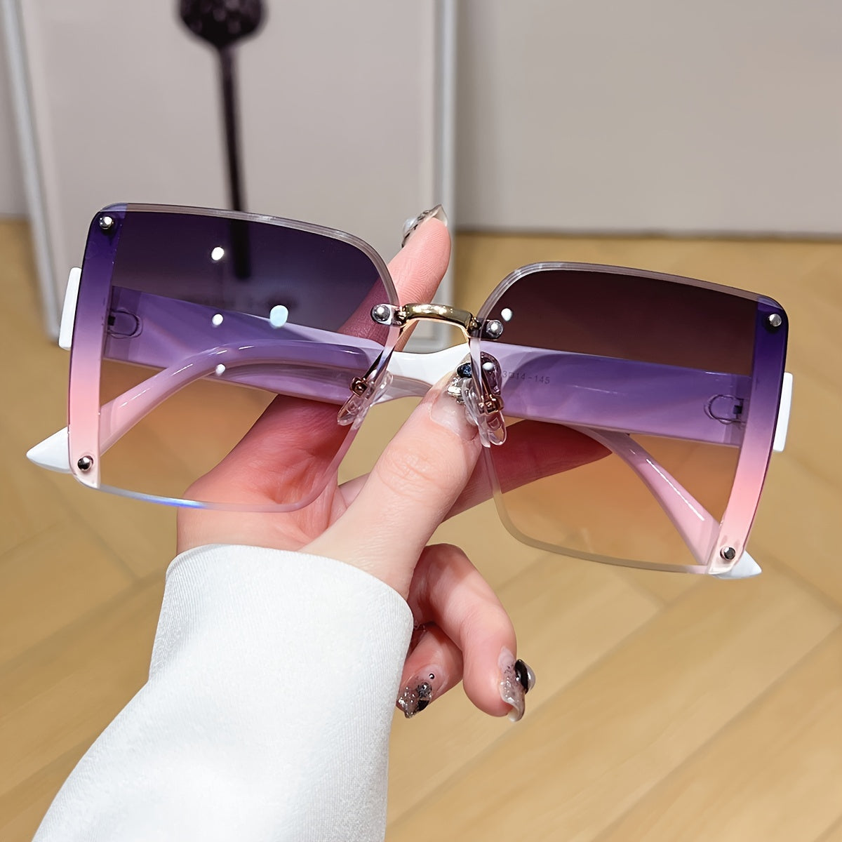 Gafas de moda cuadradas sin marco con degradado oversized para viajes, fiestas y vacaciones