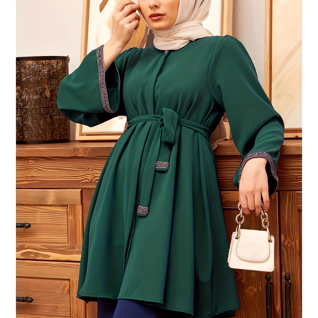 Women's Polyester Kaftan Dress with Contrast Trim and Belt