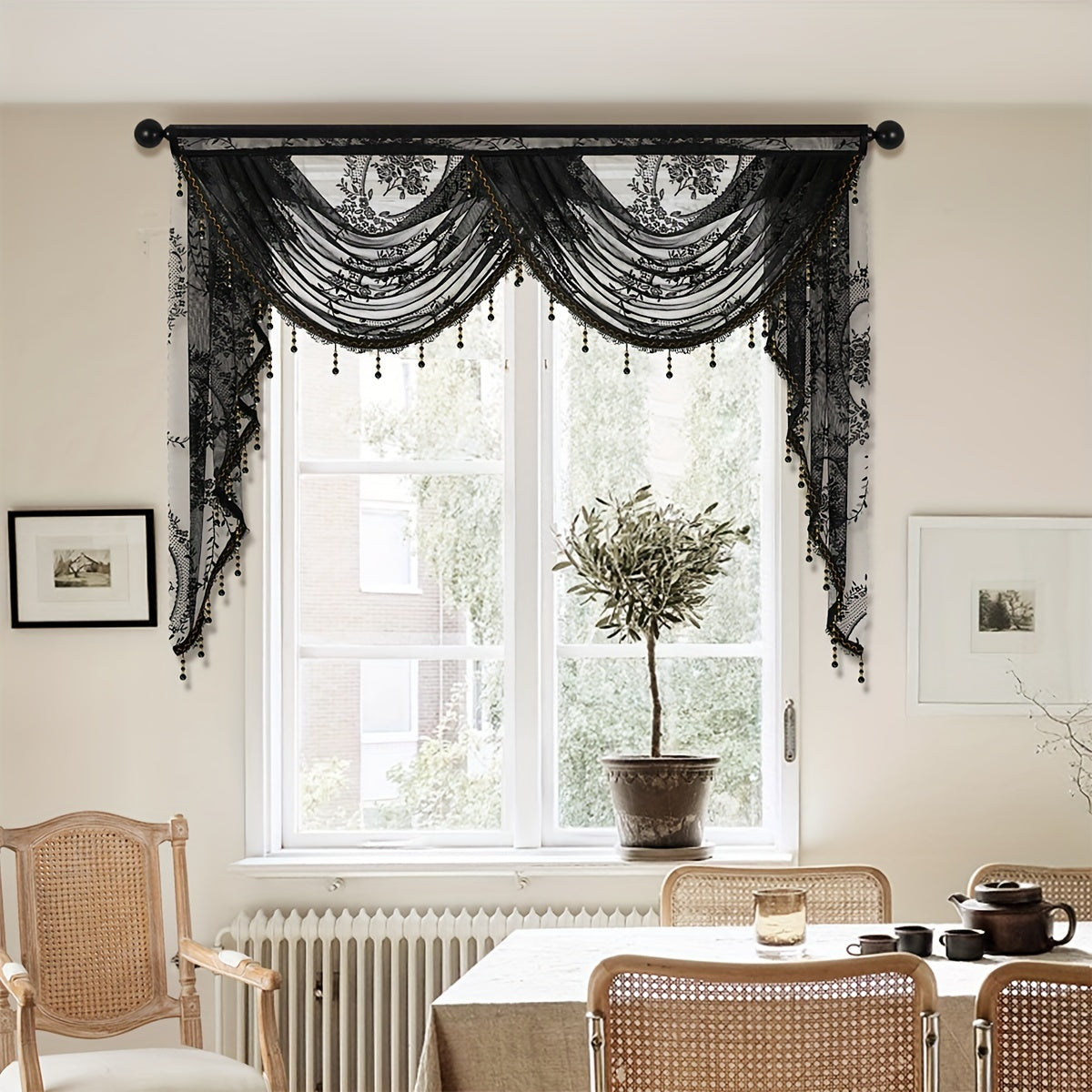 European Style Wave Curtain with Black Lace Valance and Flower Pattern for Living Room Windows