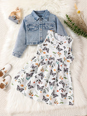 Conjunto de vestido de dos piezas para niñas con patrón de mariposa y cárdigan de mezclilla para primavera y otoño