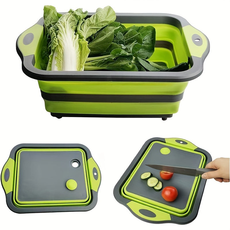 Collapsible Silicone Cutting Board with Built-In Colander and Basin, Kitchen Food Strainer