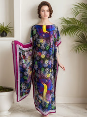 Women Plus Size Long Tunic Dress with Shawl Purple Geometric Print