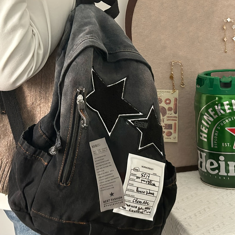 Yulduzli yamoq bilan Punk Goth Denim Ruksak, Zip yopilishi, Bir nechta bo'limlar, Talabalar va Har kuni foydalanish uchun katta sig'im