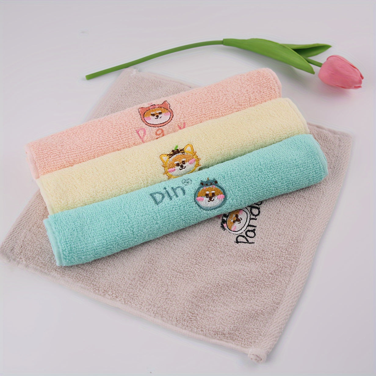 Cotton Blend Washcloths with Cartoon Animal Embroidery 25x25cm Set of 3