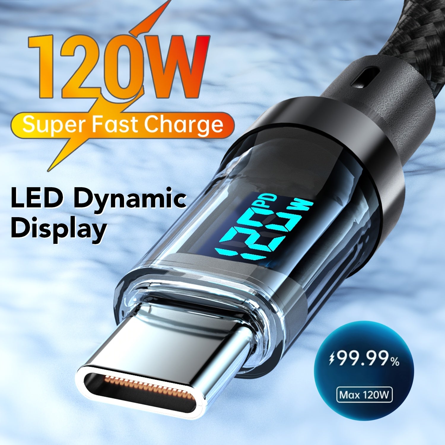 Cable de carga USB Tipo C de 120W con pantalla LED, carga rápida y segura