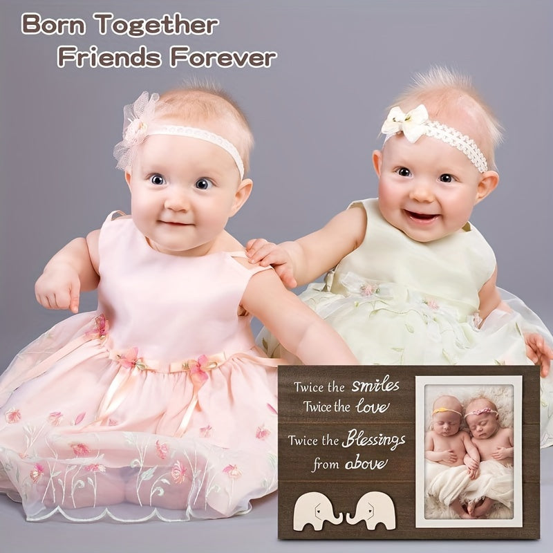 Twin Wooden Photo Frame with Elephant Design for Twins Keepsake