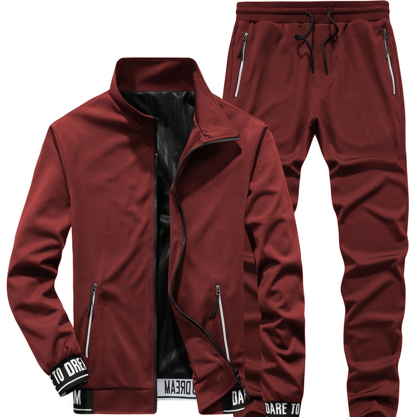 Men's Polyester Knit Casual Sportswear Set with Pockets and Collared Neck for Fall Winter