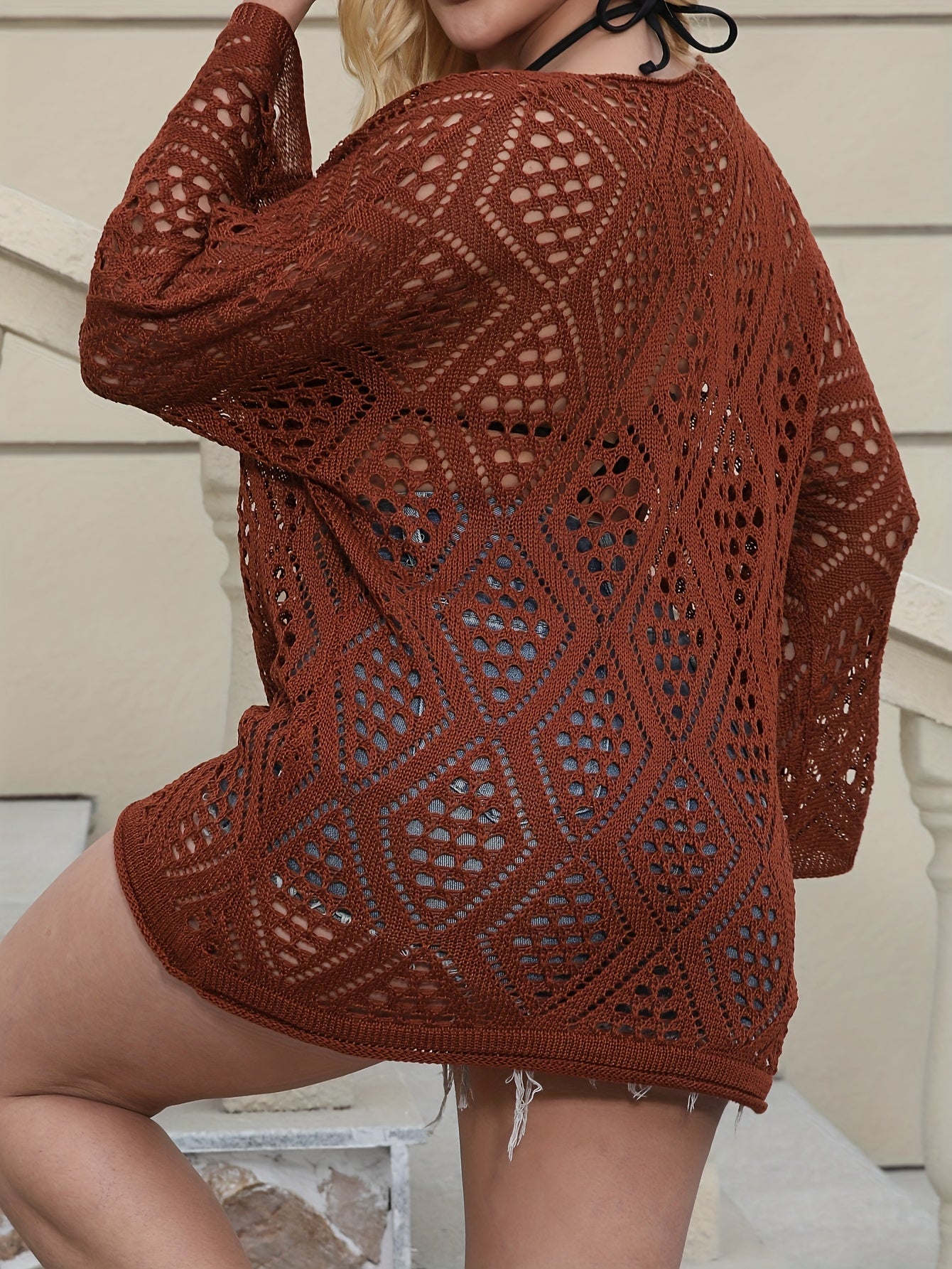 Plus Size Women's Summer Crochet Sweater Short Sleeve Loose Fit Brown Top