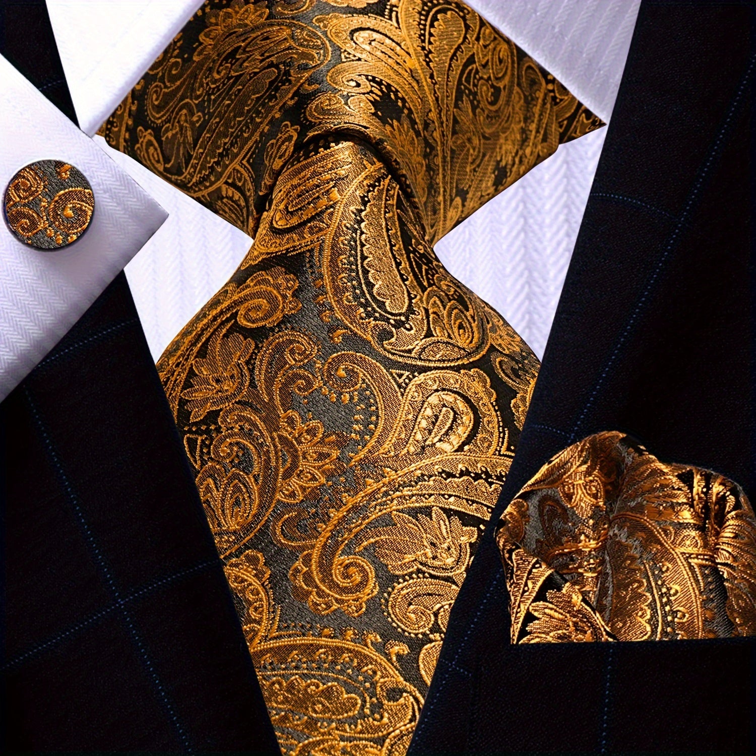 Men's Gold Accessories Set Tie Pocket Square Cufflinks for Weddings Business