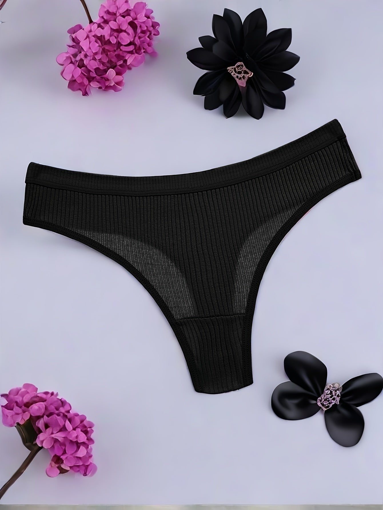 Women's Black Semi-Sheer Ribbed Thong Panties with Side Stripe and Low Rise