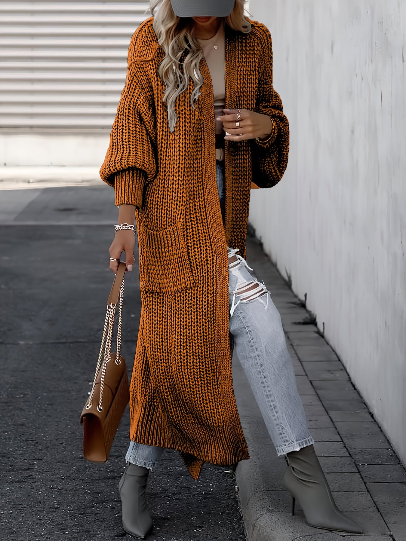 Plus o'lcham ayollar uchun kundalik uzun qo'lqopli kardigan zaytun yashil, kuz-qish