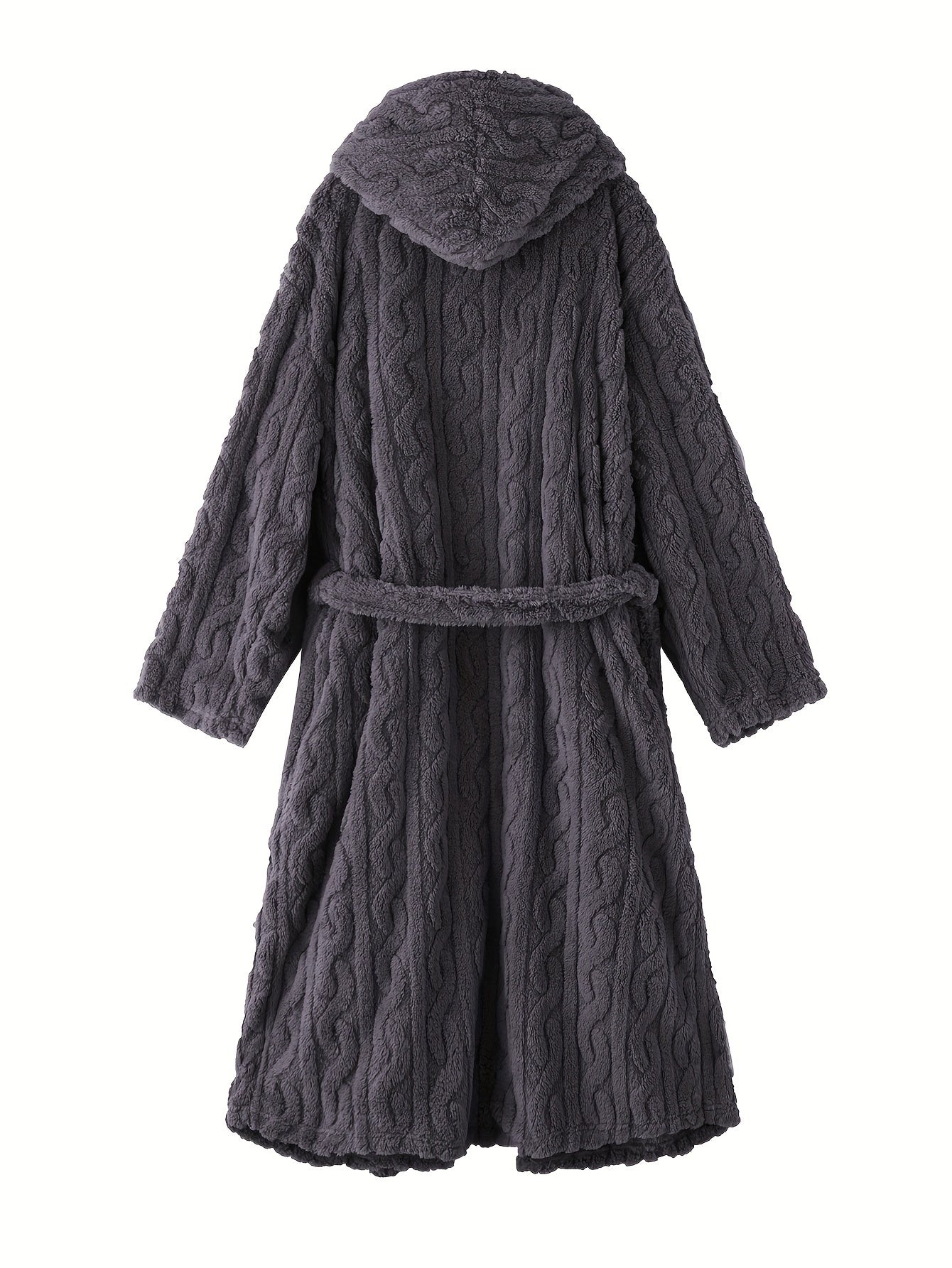 Women's Fleece Robe with Hood Long Sleeve Belt Pockets Fall Winter Knit Polyester